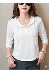 Kadın Uzun Kollu Kapşonlu Bağcıklı Düğmeli Viskon Iki Iplik Bluz