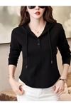 Kadın Uzun Kollu Kapşonlu Bağcıklı Düğmeli Viskon Iki Iplik Bluz