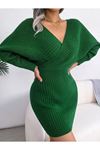 Kadın Uzun Kollu Kruvaze Geniş Yakalı Mini Triko Elbise
