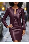Kadın Uzun Kollu önü Açık Deri Ceket Ve Askılı Yuvarlak Yakalı Mini Elbise Ikili Takım