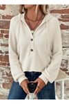 Kadın Uzun Kollu Kapşonlu önü Düğmeli Ve Bağcıklı Waffle Bluz