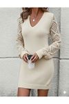 Kadın Uzun Kollu V Yakalı Mini Triko Elbise