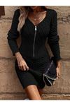 Kadın Uzun Kollu V Yakalı önden Fermuarlı Kısa Triko Elbise