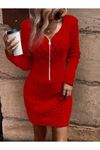 Kadın Uzun Kollu V Yakalı önden Fermuarlı Kısa Triko Elbise