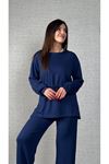 Kadın Uzun Kollu Bisiklet Yaka Belden Büzgülü Bağcıklı Viskon Iki Iplik Bluz Ve Pantolon Ikili Takım