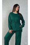 Kadın Uzun Kollu Bisiklet Yaka Belden Büzgülü Bağcıklı Viskon Iki Iplik Bluz Ve Pantolon Ikili Takım