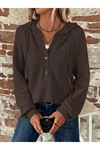 Kadın Uzun Kollu Kapşonlu önü Düğmeli Ve Bağcıklı Waffle Bluz