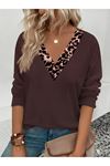 Kadın Uzun Kollu V Yakalı Leopar Detaylı Viskon Iki Iplik Bluz