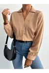 Kadın V Yaka Uzun Kollu Mosskrep Kumaş Bluz