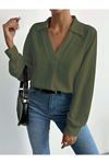 Kadın V Yaka Uzun Kollu Mosskrep Kumaş Bluz