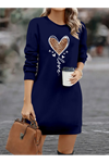 Kadın Uzun Kollu Bisiklet Yaka Kalp Desenli Kısa Viskon Elbise