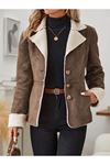Kadın Uzun Kollu önden Düğmeli Cep Detaylı Kısa Süet Ceket