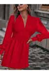 Kadın Uzun Kollu V Yaka Belden Hafif Pileli Scuba Krep Mini Boy Elbise