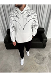 Yıldırım Baskılı Kapşonlu SweatShirt - Beyaz