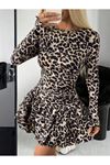 Kadın Uzun Kollu Balıkçı Yaka Fırfırlı Leopar Desenli Modal Elbise