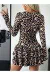 Kadın Uzun Kollu Balıkçı Yaka Fırfırlı Leopar Desenli Modal Elbise