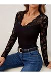 Kadın Uzun Kollu V Derin Dantel Yakalı Kaşkorse Bluz