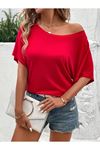 Kadın Tek Omuzu Açık Kısa Kollu Salaş Viskon Bluz
