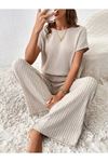 Kadın Kısa Kollu Beli Lastikli Kalın Fitilli Kaşkorse Salaş Tulum