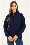 Üç İplik Dık Yaka Yarım Fermuarlı SweatShirt - Lacivert