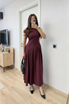 Asimetrik Düşük Yaka Kolsuz Uzun Elbise - Bordo