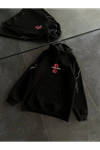 Üç İplik Kapşonlu Baskılı Oversize SweatShirt- Siyah