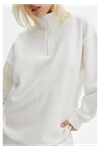 Unisex Uzun Kol Yarım Farmuarlı Yakalı Basic SweatShirt - Beyaz