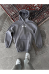 Uzun Kol Kapşonlu Göğüs Baskılı SweatShirt - Gri