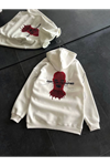 Üç İplik Kapşonlu Baskılı Oversize SweatShirt- Beyaz
