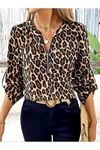 Kadın Uzun Kollu önden Fermuarlı Leopar Desenli Modal Bluz