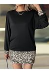 Kadın Uzun Kollu Bisiklet Yaka üst Viskon Iki Iplik Alt Leopar Desenli Mini Elbise