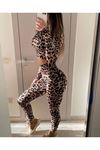 Kadın Uzun Kollu Yarım Balıkçı Yaka Full Leopar Baskılı Kısa Bluz Ve Pantolon Ikili Takım