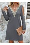 Kadın Uzun Kollu Omuzdan Açık V Dantel Yakalı Mini Waffle Elbise