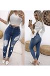 Kadın Yüksek Bel Düğmeli Yırtık Kot Pantolon