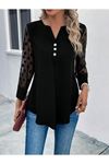 Kadın Uzun Kollu Yakadan Düğmeli Kolları Tül Detaylı Viskon Bluz