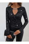 Kadın Uzun Kollu Kruvaze Yakalı Aksesuarlı Dalgıç Bluz