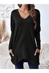 Kadın Uzun Kollu Derin V Yakalı Asimetrik Kesim Cepli Detay Yün Viskon Iki Iplik Bluz
