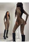 Kadın Uzun Kollu önden Fermuarlı Parmaktan Geçmeli Leopar Desenli Dalgıç Tulum