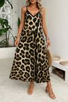 Kadın Ip Askılı Geniş V Yakalı Leopar Desenli Süprem Elbise