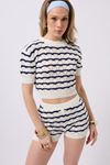 Örgü Detay Çizgili Crop Bluz