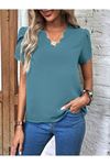 Kadın Kısa Kollu Lazer V Yakalı Ithal Krep Bluz
