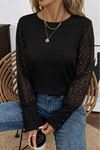 Kadın Uzun Kollu Bisiklet Yaka Kolları Tüllü Waffle Bluz