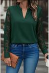 Kadın Uzun Kollu Yaka Düğme Detay Güpürlü Kol Krep Bluz