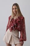 Volanlı Çiçek Desen Şifon Gömlek - Bordo