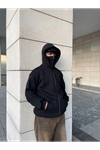 Samuray Ninja Çift Kapşonlu ZIP Fermuarlı Kanguru Çepli Tam Fermuarlı Hoodie Swetshirt - Siyah