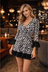 Kadın Kruvaze Yaka Dantel Volan Detay Leopar Baskılı Mini Elbise