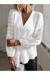 Kadın Uzun Kollu V Yakalı Kolları Popon Detaylı Sandy Bluz