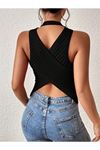 Kadın Kolsuz Sırt çapraz Detay Triko Bluz