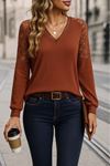 Kadın Uzun Kollu V Yakalı Dantelli Waffle Bluz