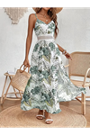 Kadın Ip Askılı V Yakalı Bel Güpür çiçek Desenli Yandan Yırtmaçlı Maksi Süprem Elbise